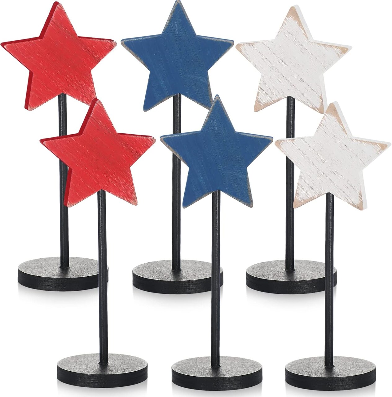 6 Pcs 4th of July Wooden Star Decoration Independence Day Standing Wooden Star Tiered Tray Decor Farmhouse Rustic Patriotic Blocks Memorial Day Tabletop Decor for American Festival Home Decorations